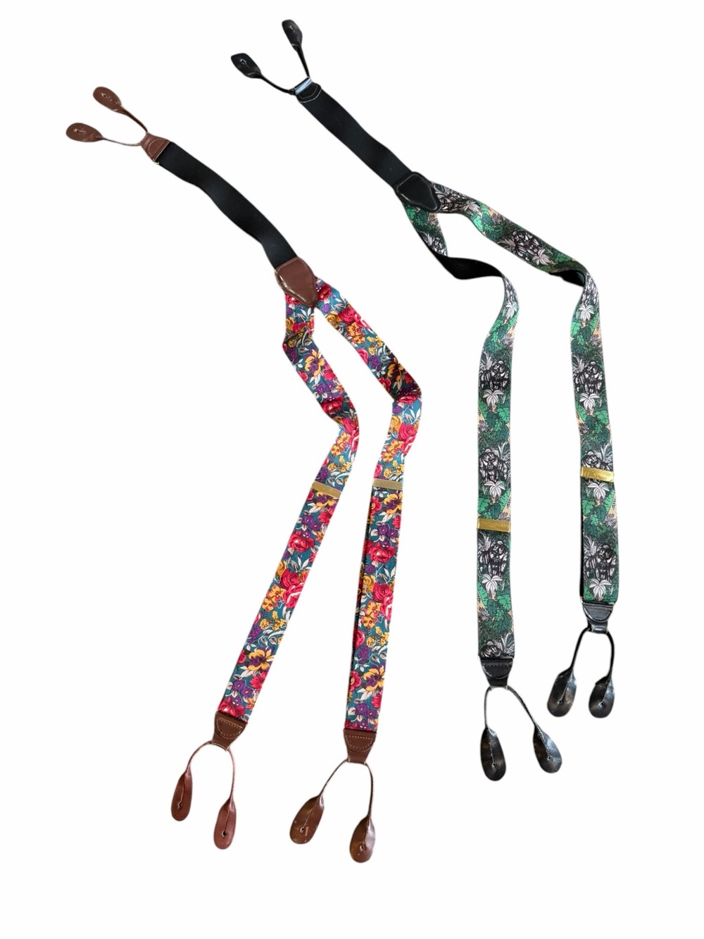 Vintage WWF & Floral Suspenders Lot Button Loop Leather Brass Germany